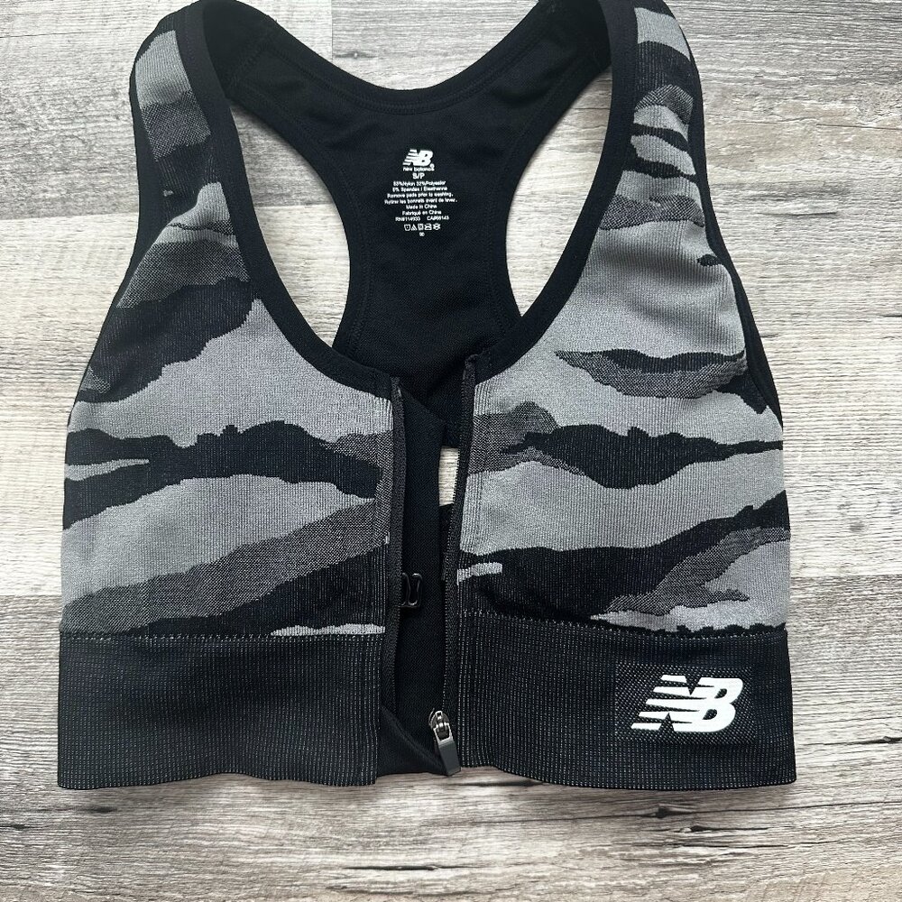New Balance sports bra, black, gray, camo, front zipper, racerback, size S